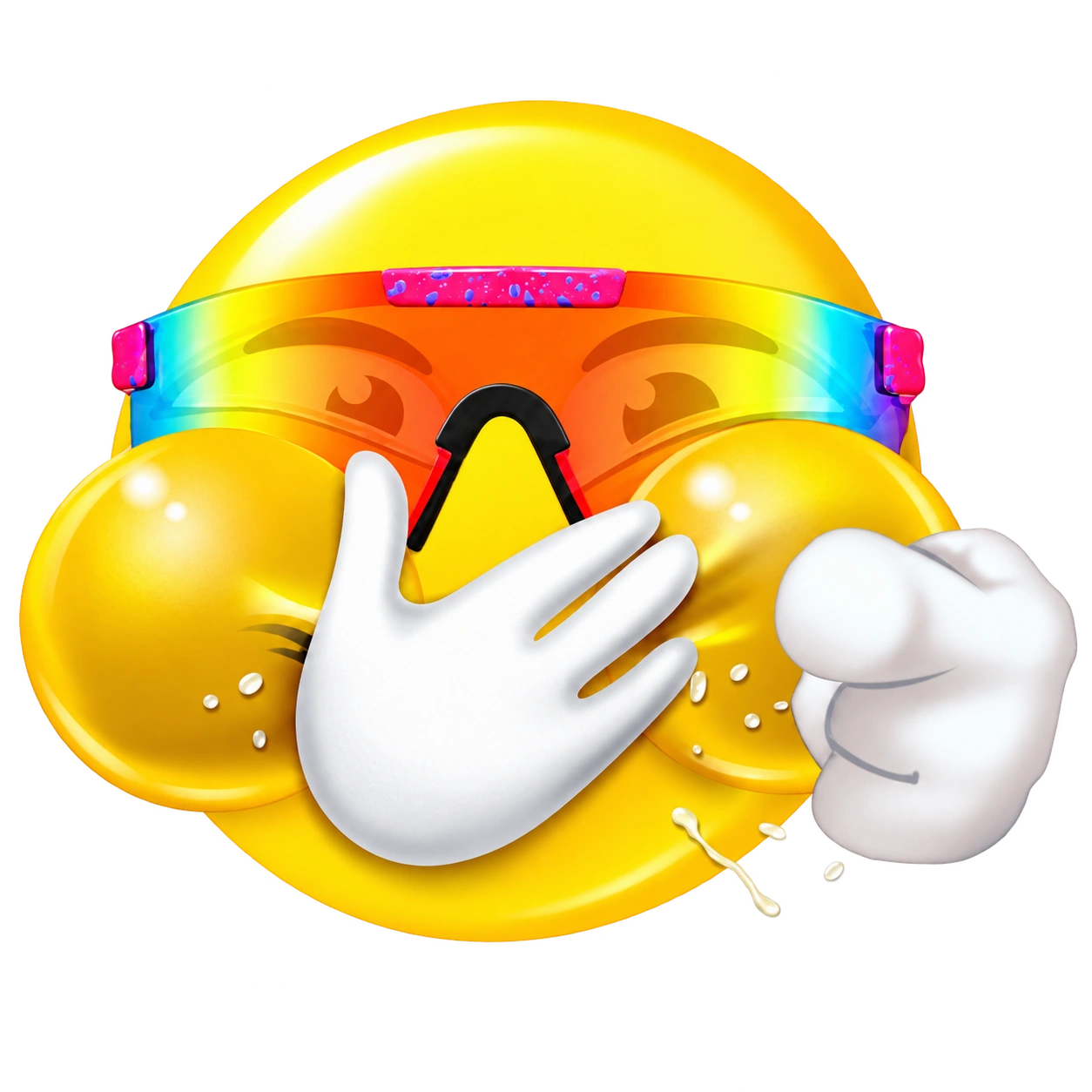 LMAOJI laughing behind a rainbow visor, with a white-gloved hand pointing at you