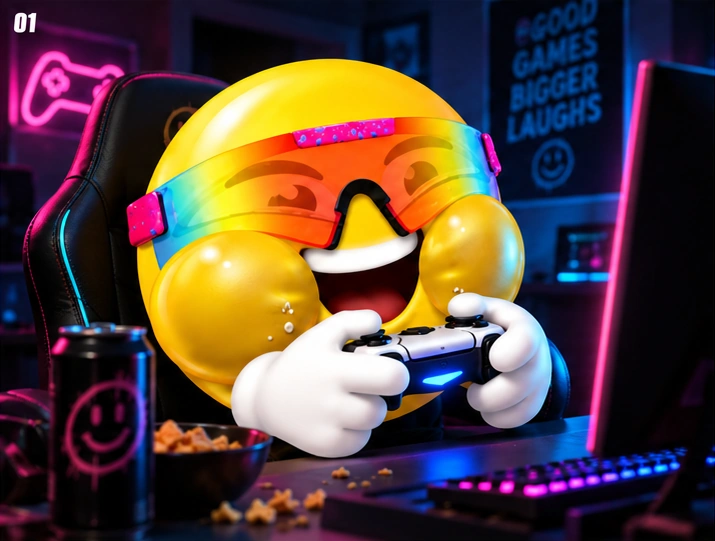 LMAOJI laughing while gaming with a controller in a neon-lit room
